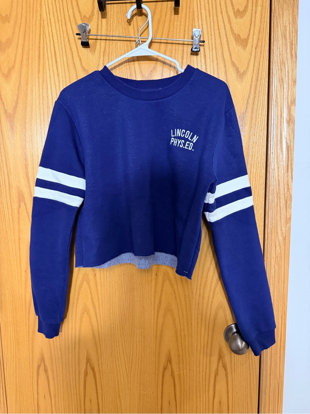 Topshop Navy Cropped Crewneck Sweater with White Sleeve Stripes